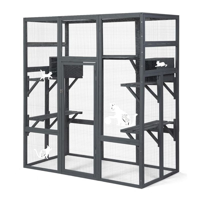 COZIWOW Large Catio Outdoor Cat Enclosure, 70" Spacious Cat House with Perches and Condos with Waterproof Roof, 7 Platforms, and 2 Resting Box, Grey