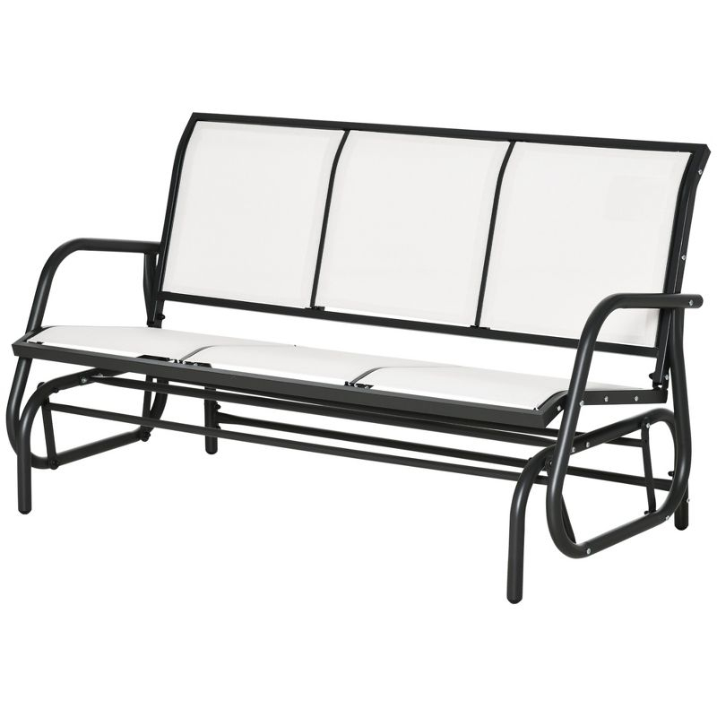 Outsunny Patio Glider Bench, Outdoor Porch Glider Swing with 3 Seats, Breathable Mesh Fabric, Metal Frame, Cream White