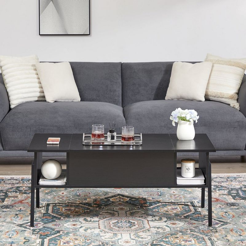 VECELO 42 Inch Lift Top Coffee Table with Metal Legs, Rising Center Table w/Hidden Compartment and 2 Storage Shelves, Black