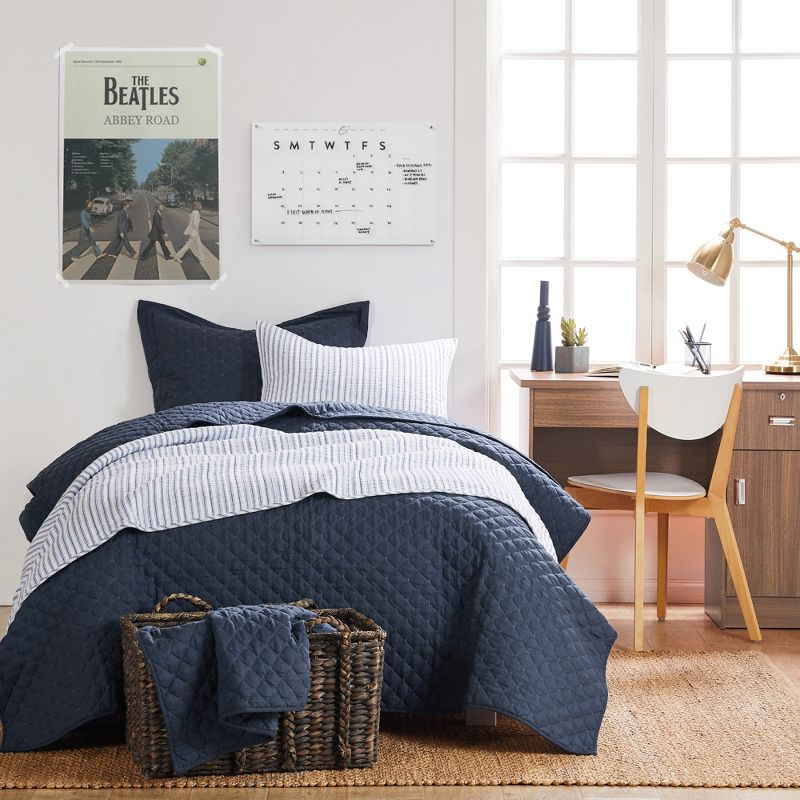 Tobago Stripe Blue Quilt Set - One Full/Queen Quilt and Two Standard Shams - Levtex Home