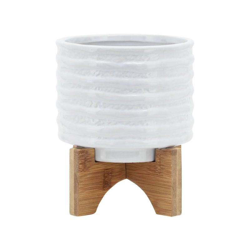 6" Ceramic Planter on Stand White Stripe - Sagebrook Home: Ridged, Wood Stand, Indoor/Outdoor Use