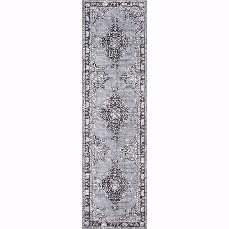 Well Woven Areva Machine Washable Grey Vintage Oriental Medallion Flat Pile Runner Rug 2x7 (2'1" x 7'3" Runner)