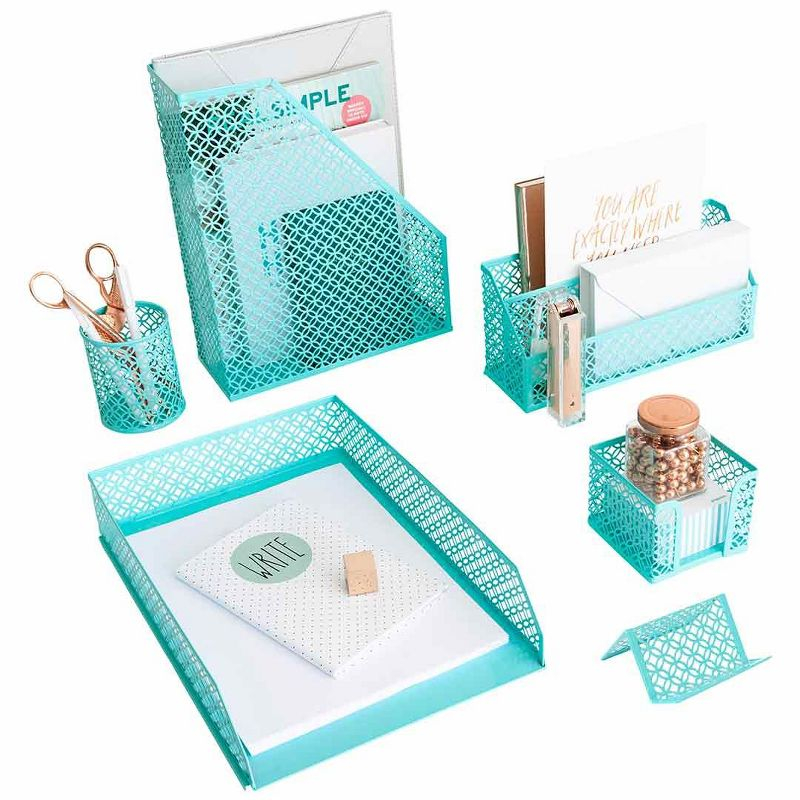 Blu Monaco Aqua 6 Piece Cute Desk Organizer Set - Desk Organizers and Accessories for Women - Cute Office Desk Accessories - Desktop Organization