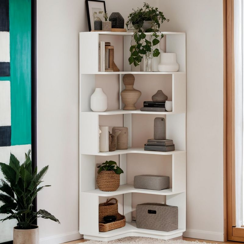 Hommoo 6-Tier Corner Bookshelf, 64.96" Corner Bookcase with Anti-Drop Panel Silver Gray