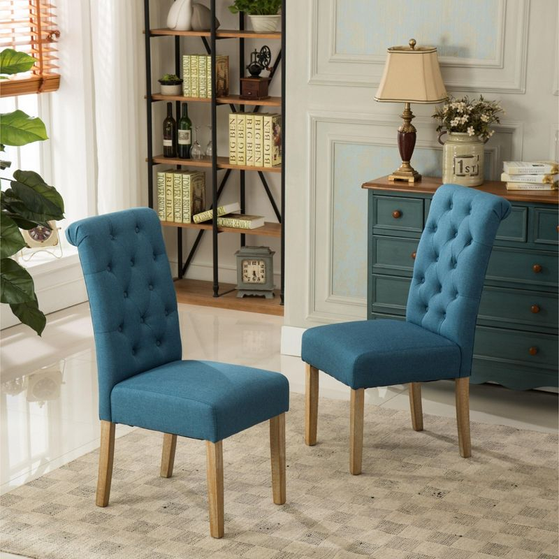 Roundhill Furniture Habit Solid Wood Tufted Parsons Dining Chair, Blue, Set of 2