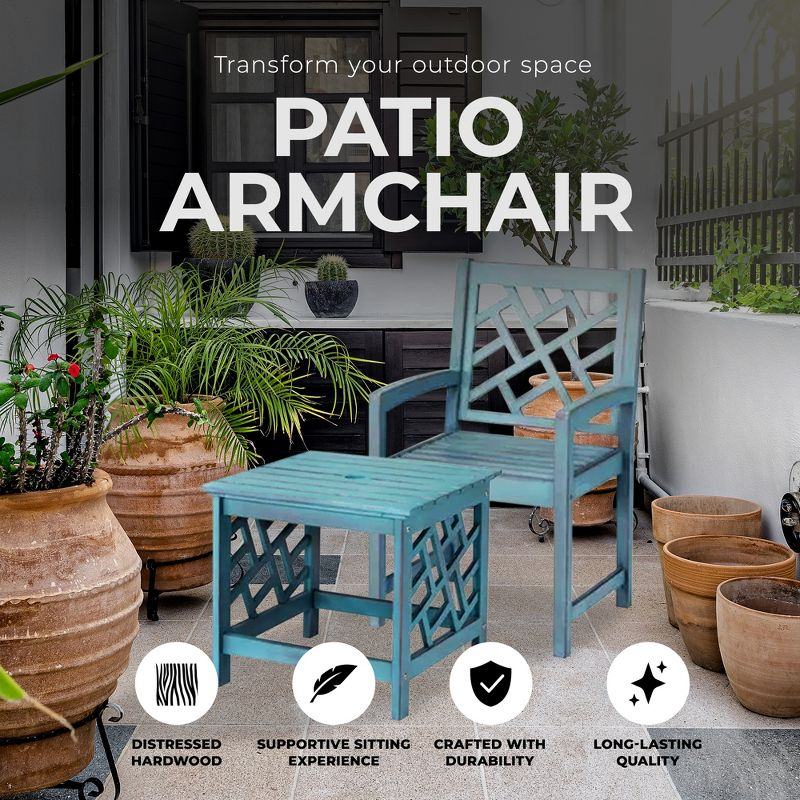 Four Seasons Courtyard 22 Inch Seat Distressed Hardwood Portland Patio Arm Chair with Brush Wire Finish and 250 Pound Maximum Capacity, Blue