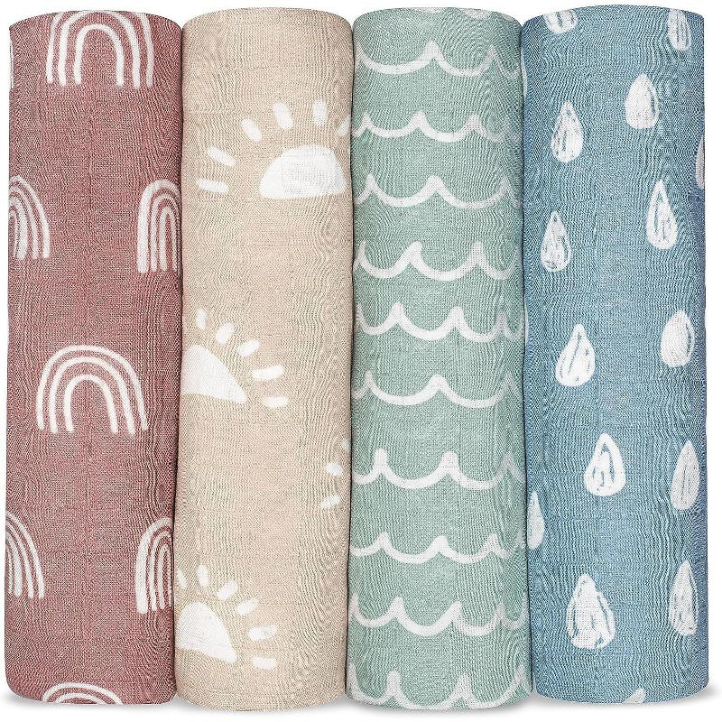 Muslin Swaddle Blankets Neutral Receiving Blanket for Boys and Girls by Comfy Cubs Cubs (Sun, Rainbow, Rain, Doodle)