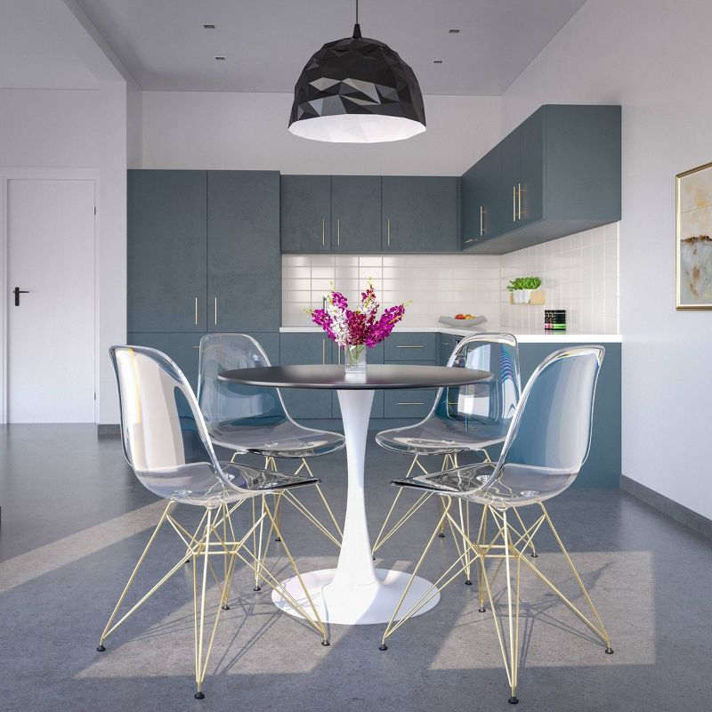 LeisureMod 5-Piece Dining Set with 35" Round Dining Table in White Iron Pedestal Base and 4 ABS Plastic Side Chair with Gold Base, Clear
