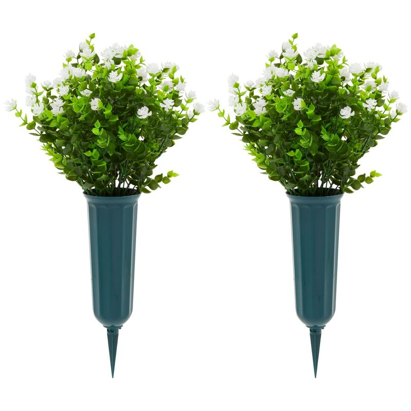 Bright Creations 6 Bundles White Artificial Flowers with 2 Cone Vases, Faux Fake Plant for Cemetery, Outdoor Decor (8.6 x 13 In)