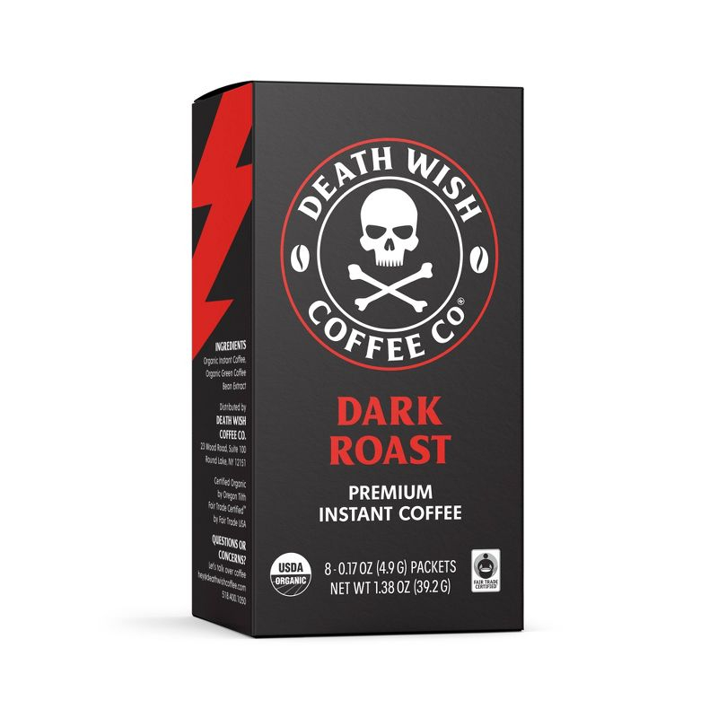 Death Wish Coffee Organic and Fair Trade Dark Roast Instant Coffee 8ct/1.38oz