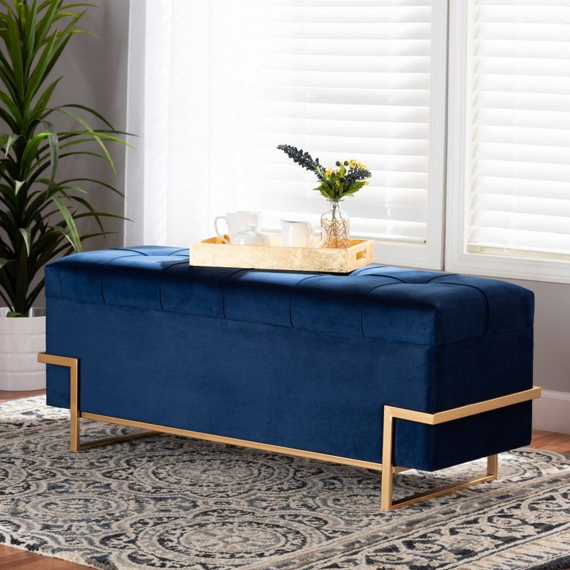 Parker Velvet Upholstered and Metal Storage Ottoman Blue/Gold - Baxton Studio: Rectangular Bench with Bow Pattern