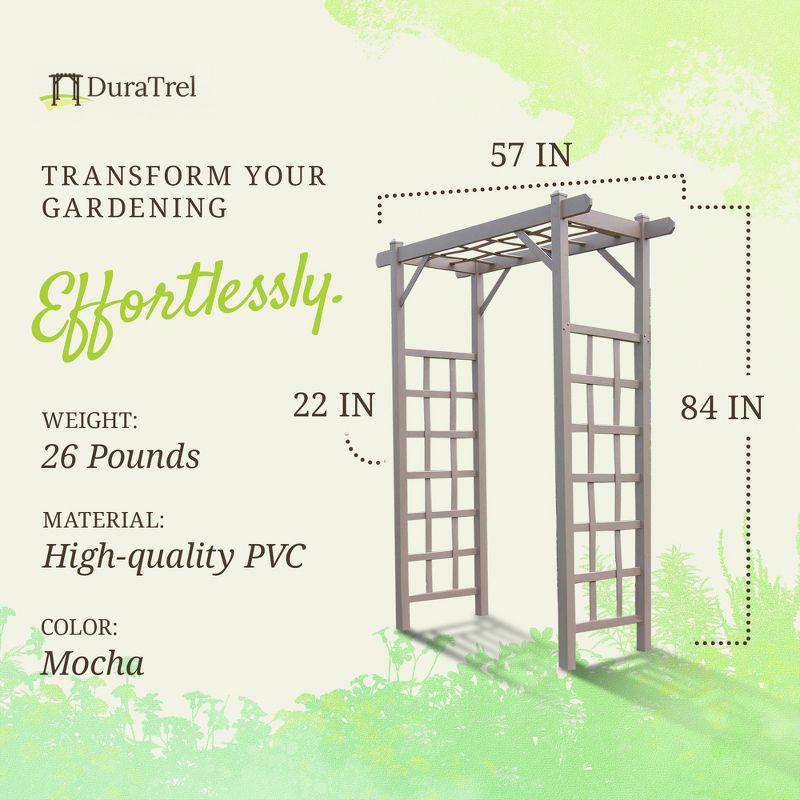Dura-Trel Elmwood Arbor, 57 by 84 Inch PVC Patio Garden Arch, Outdoor Lattice Frame Decoration or Trellis for Climbing Plants, Mocha