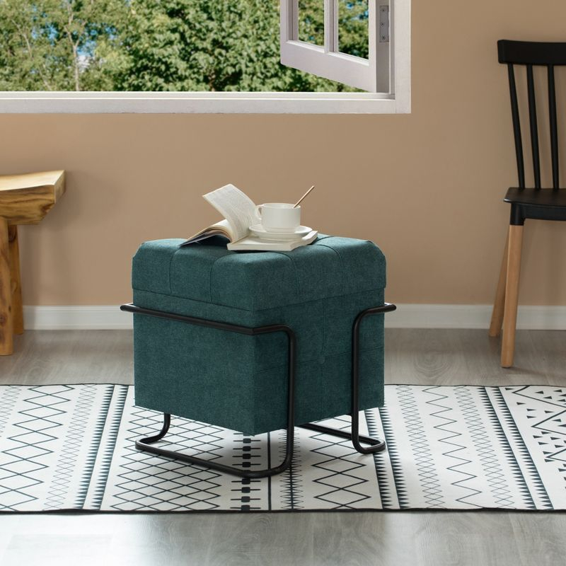 Fabulaxe Square Fabric Storage Ottoman with Black Metal Frame, Blue