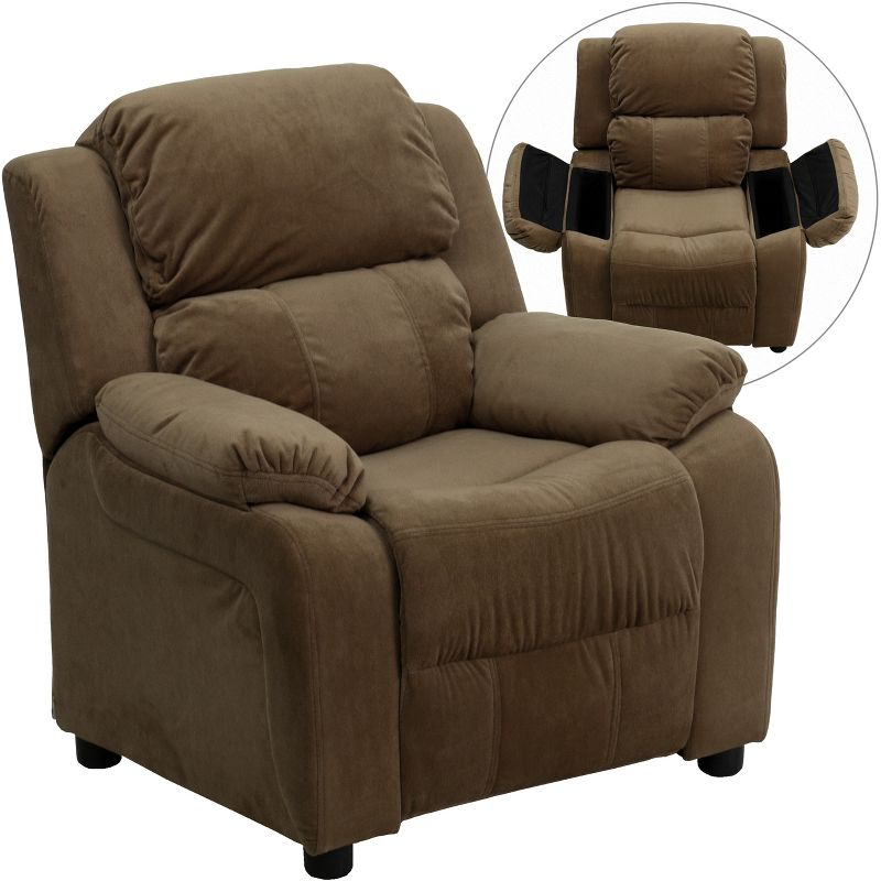 Emma and Oliver Deluxe Padded Brown Microfiber Kids Recliner with Storage Arms