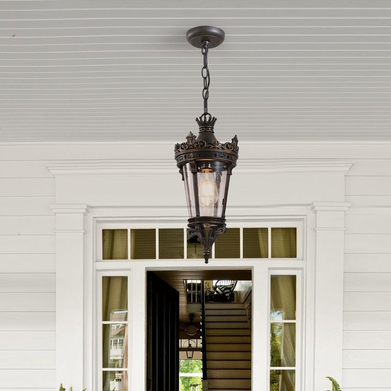DOMETOUR Antique Crown Outdoor Hanging Lantern, Waterproof Vintage Pendant Light with Ornate Metal & Glass for Patio, Garden, Porch, Entryway