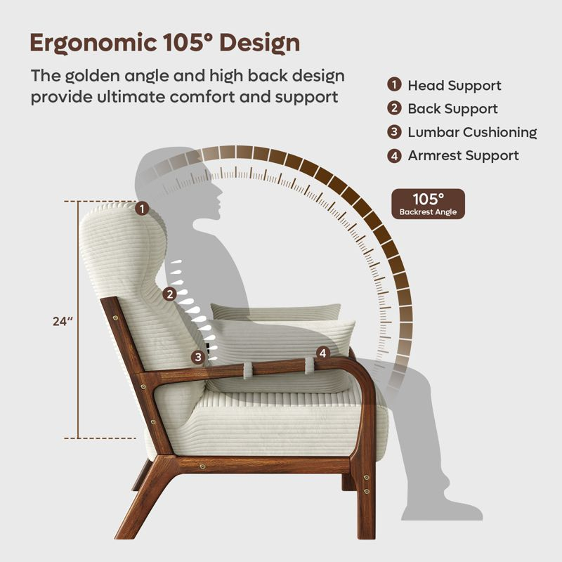 Bestier Mid Century Accent Chair Heightened Headrest with Removable Armrest Pillows,with Solid Wood Frame for Living Room, Bedroom, White