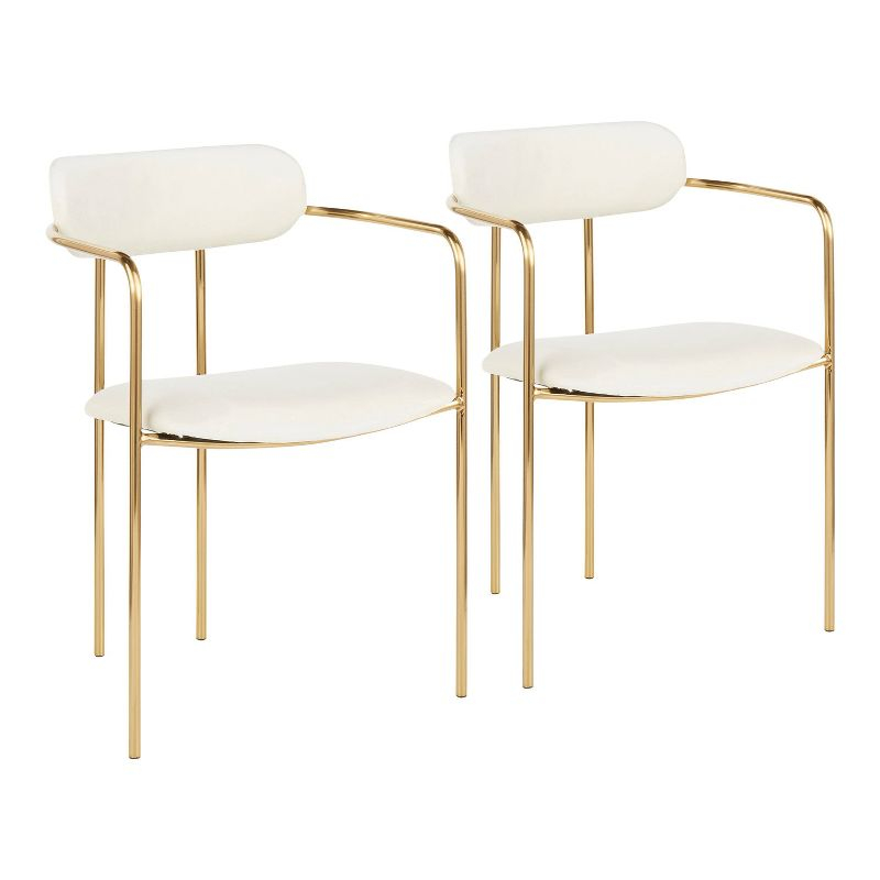 Set of 2 Demi Contemporary Chair Cream - LumiSource: Velvet Upholstery, Gold Metal Frame, Cushioned Seat & Armrests