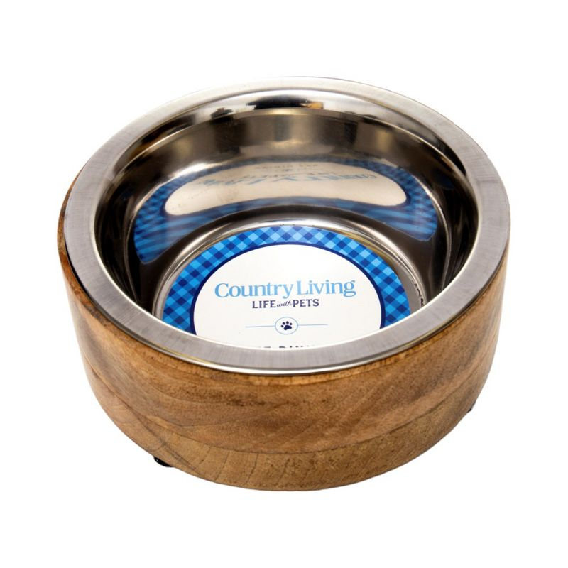 Country Living Stainless Steel Dog Bowl with Cylindrical Mango Wood Holder, Durable & Stylish Dish, Sustainable Dog Feeding Solution (1 Pint)