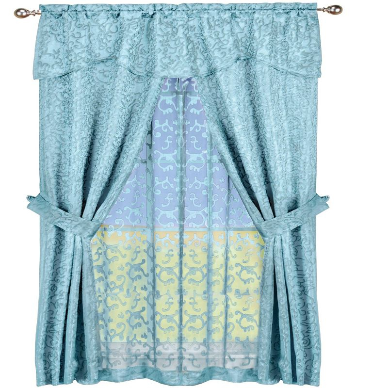 Collections Etc Insulated Scrolling Design Sheer Window Curtain Set with Tie Backs 54" x 63" Blue