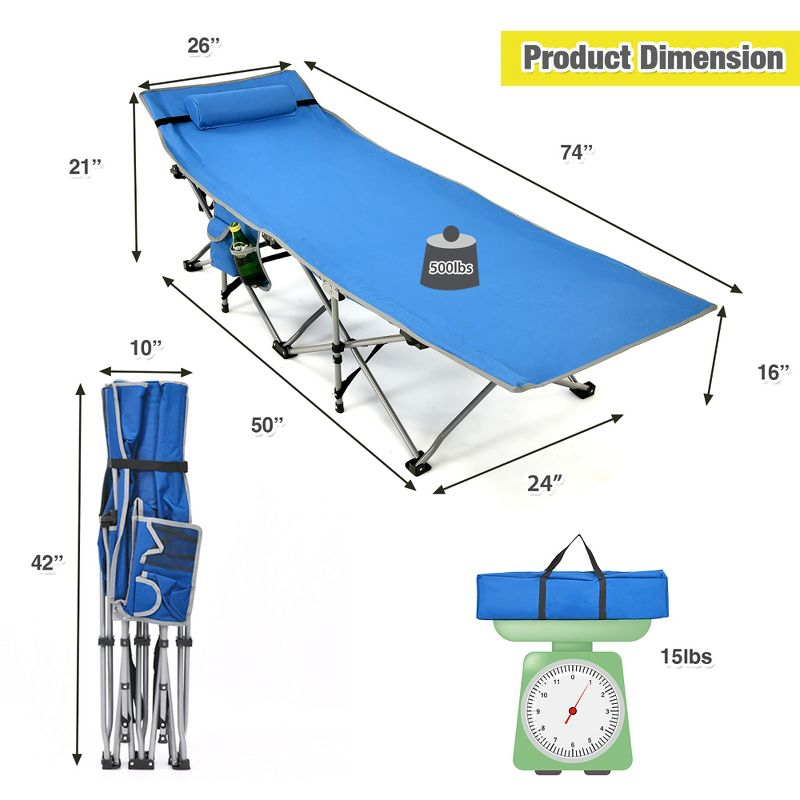 Folding Camping Cot Heavy-Duty Outdoor Cot Bed w/ Side Storage Pocket Blue