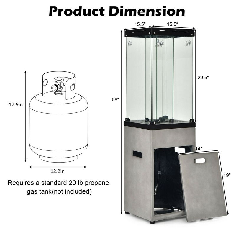 Costway 41,000 BTU Propane Patio Heater Glass Tube Standing Gas Heater w/ Cover Wheels Grey