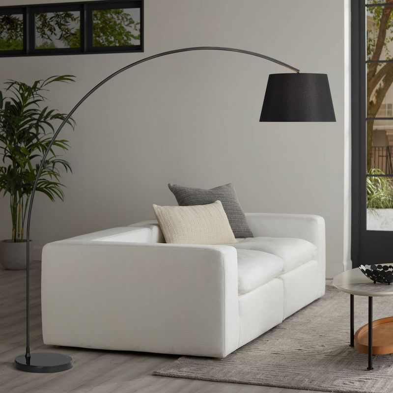 Possini Euro Design Luka Modern 71" Tall Standing Floor Lamp Curved Arc Foot Switch Black Metal Living Room Bedroom House Reading Linen Drum Shade