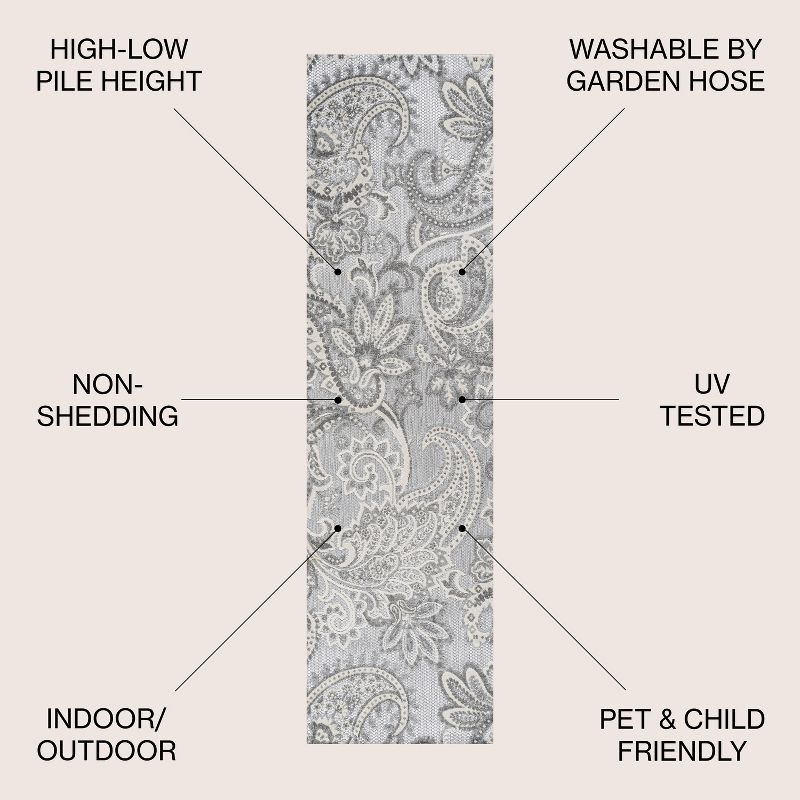 2'x8' Gordes Paisley High-Low Indoor/Outdoor Area Rug, Light Gray - JONATHAN Y