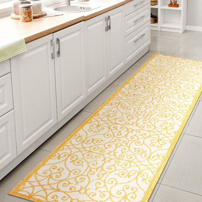 2' x 10' Madrid Vintage Filigree Textured Weave Indoor/Outdoor Runner Rug, Cream/Yellow - JONATHAN Y