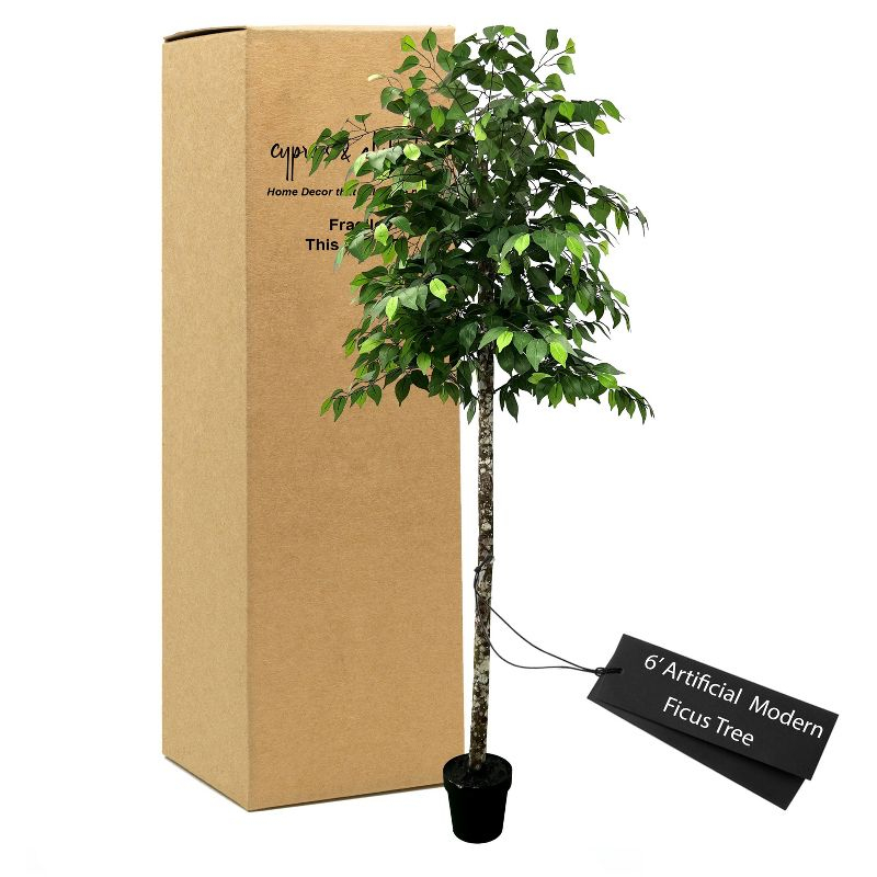Cypress & Alabaster | Handmade Modern Style 6.5' Artificial Ficus Tree In Home Basics Plastic Pot Made With Real Wood And Moss Accents