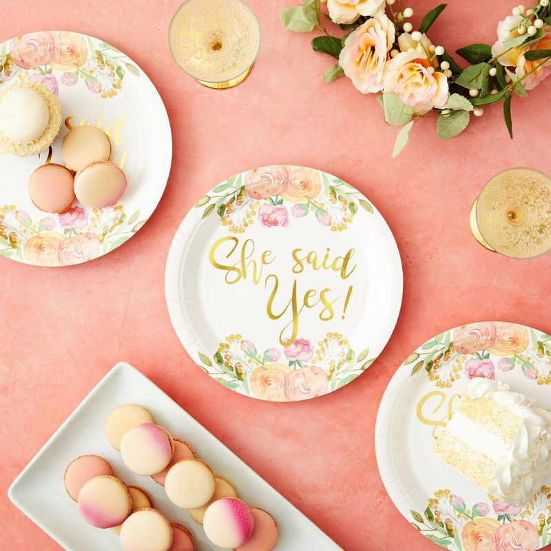 Sparkle and Bash 48-Pack Gold Foil She Said Yes Plates for Engagement Party, Bridal Shower Decorations, Bachelorette, Floral Design, 9 In