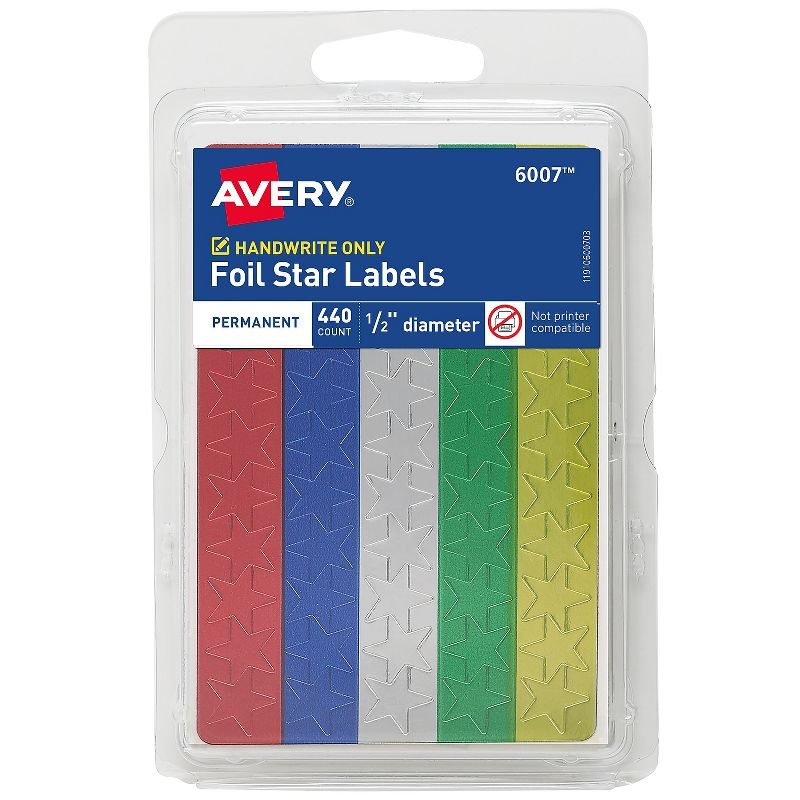Avery Colored Foil Stars 1/2" dia Assorted Colors 440/Pack 06007