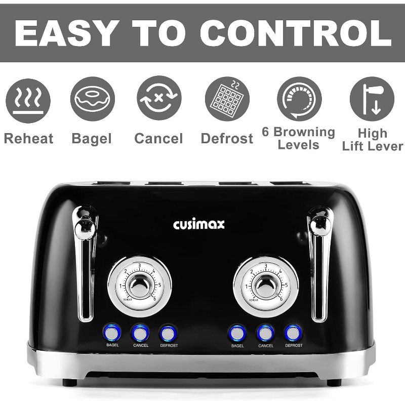 CUSIMAX 4-Slice Retro Toaster, Wide Slots for Bagels, 6 Toast Settings, Dual Controls, Black