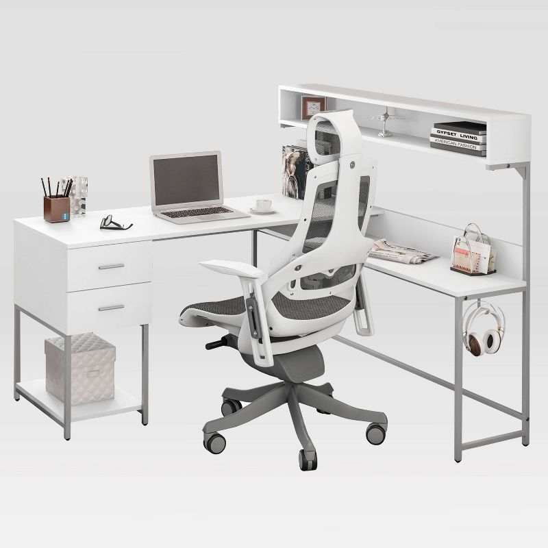 L Shape Desk with Hutch and Storage White - Techni Mobili: Industrial Style, Engineered Wood, Steel Frame, Ample Workspace