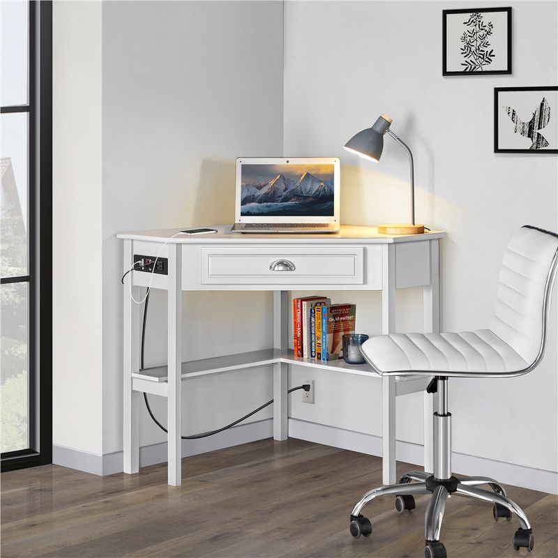 Yaheetech Corner Computer Desk Workstation with Power Outlet White