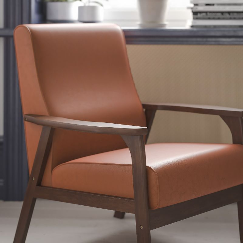Flash Furniture Langston Commercial Grade LeatherSoft Upholstered Mid Century Modern Arm Chair with Walnut Finished Wooden Frame and Arms in Cognac