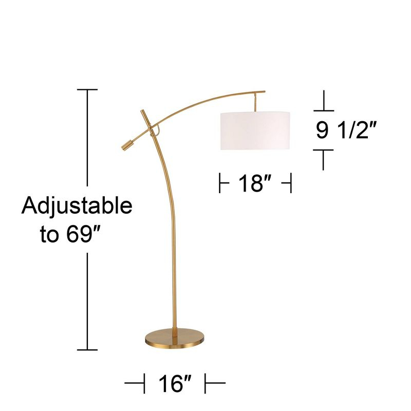 Possini Euro Design Raymond Modern Arc Floor Lamp 69" Tall Warm Gold Adjustable Boom Arm White Linen Drum Shade for Living Room Reading Office House