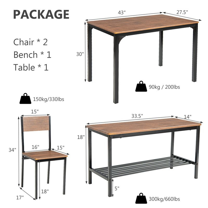 Costway 4pcs Dining Table Set Rustic Desk 2 Chairs & Bench w/ Storage Rack Brown