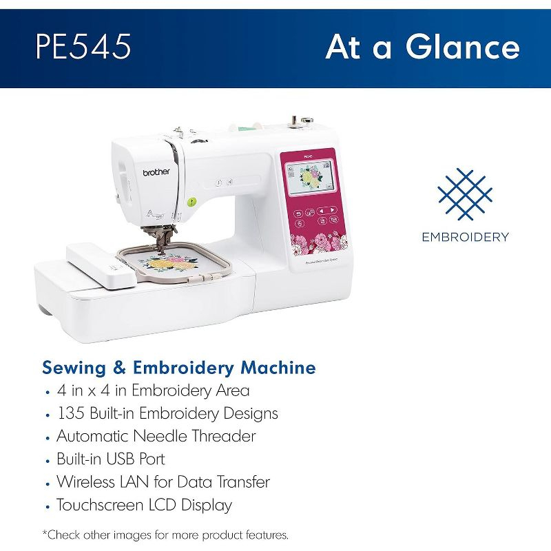 Brother PE545 Embroidery Machine, Wireless LAN Connected and 135 Built-in Designs, Plus 100-Piece 75/11 Embroidery Needles