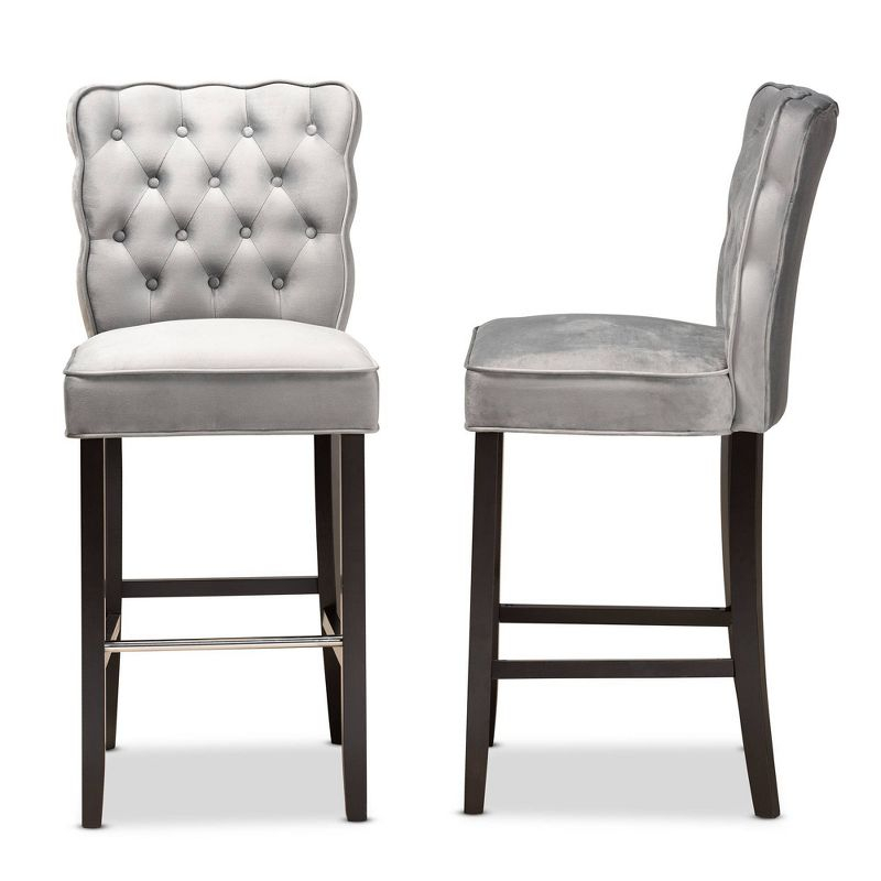 2pc Daphne Velvet Fabric Upholstered and Wood Counter Height Barstool Set Gray/Brown - Baxton Studio: Elegant Tufted Design, Silver-Tone Footrest