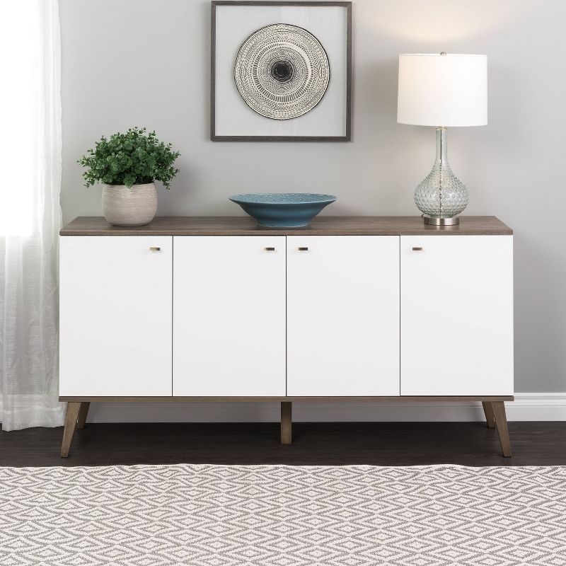 Milo Mid-Century Modern 4 Door Buffet Server Gray/White - Prepac: Laminated Composite Wood, Adjustable Shelves