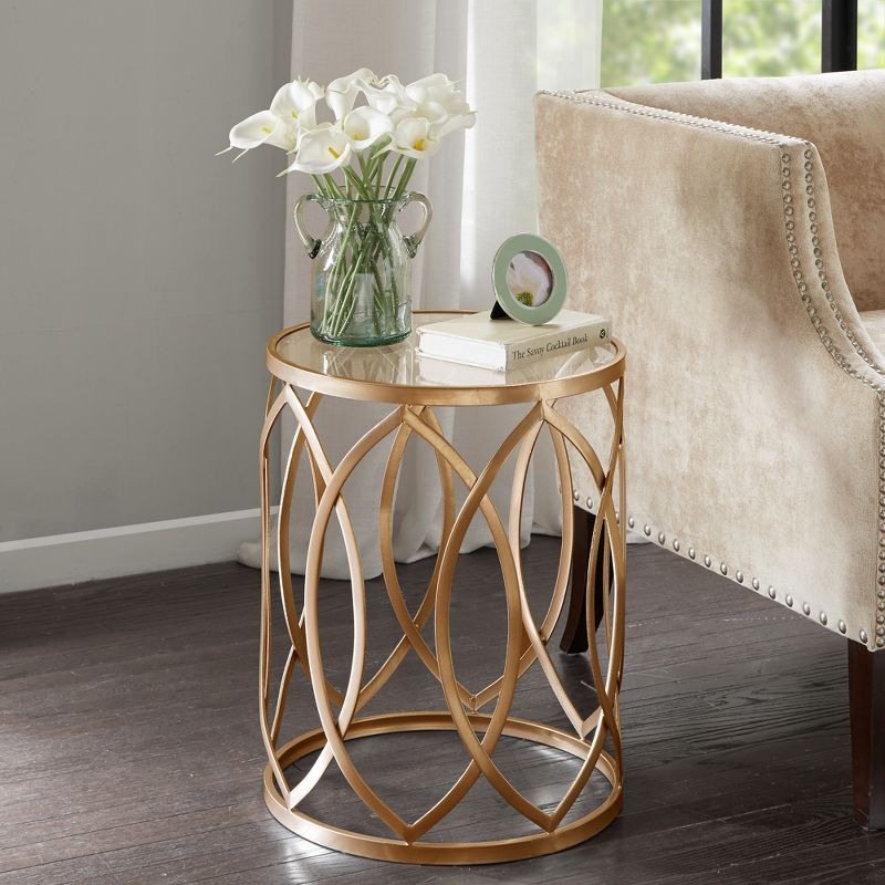 Gaige Metal Eyelet Accent Table: Gold, Glass Top, No Assembly, Modern Design for Living Room - 20.13" High