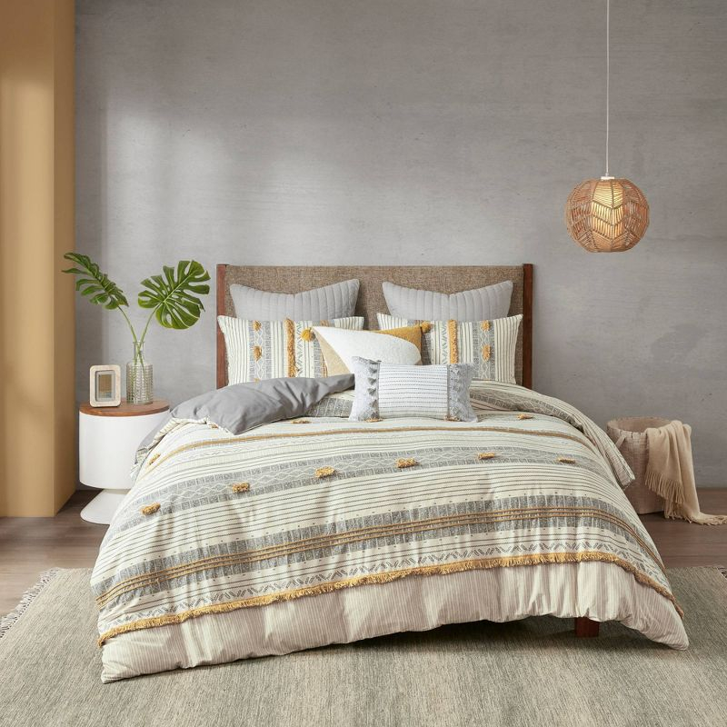 Ink+Ivy 3pc Full/Queen Cody Cotton Duvet Cover Set Yellow/Gray: Woven Stripe, Oeko-Tex Certified, Hidden Button Closure