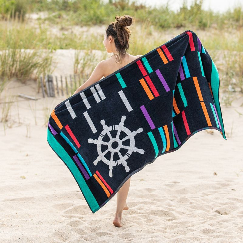Nautical Wheel Oversized 35" x 67" Cotton Beach Towel, Midnight Blue - Blue Nile Mills