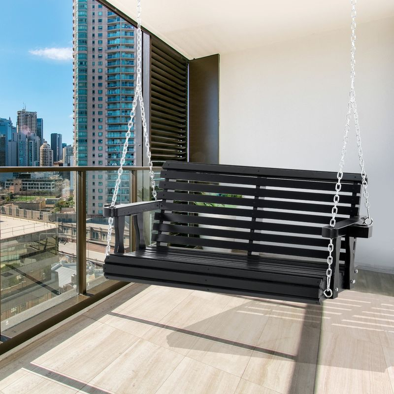 Outsunny 46" 2-Person Porch Swing Wooden Patio Swing Bench with Cup Holders, Slatted Design, & Chains Included, 440lb Weight Capacity, Black