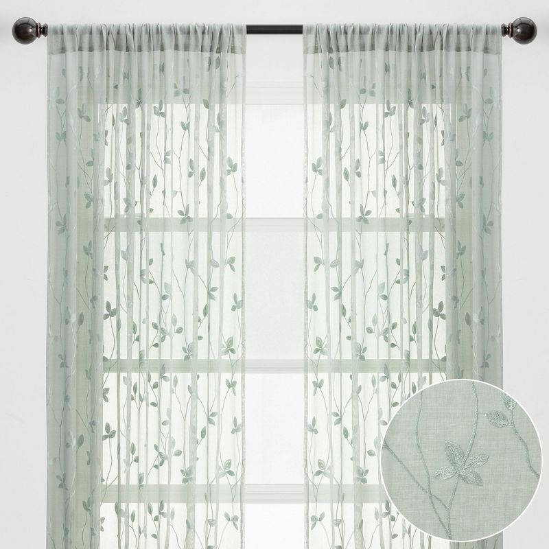 Chanasya 2pk Embroidered Vine Sheer Window Curtain Panels - Set of 2 - 52 x 96 Inches Long - Sage