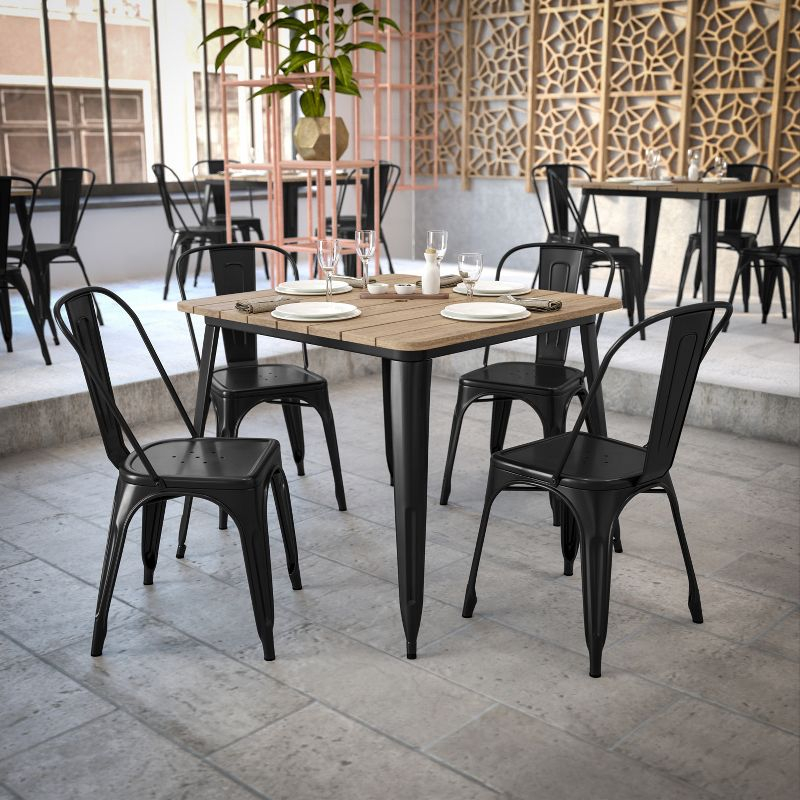 Flash Furniture Declan Commercial Indoor/Outdoor Dining Table with Umbrella Hole, 36" Square All Weather Brown Poly Resin Top and Black Steel Base