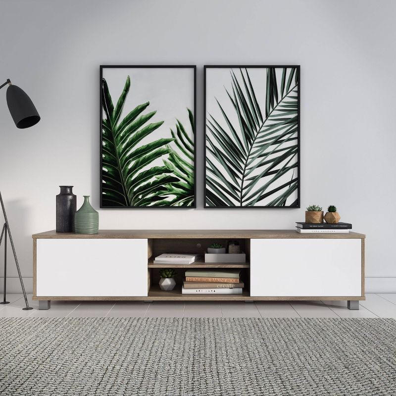Hollywood TV Stand for TVs up to 85" with Doors Wood Grain White/Brown - CorLiving: Modern Media Console, Laminated MDF