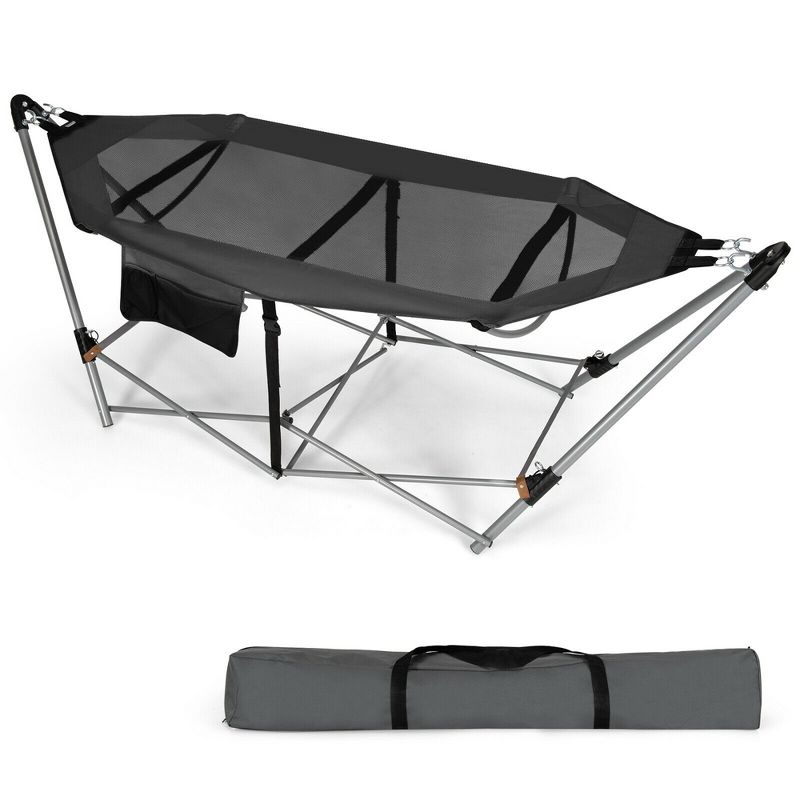 Costway Folding Hammock Indoor & Outdoor Hammock with Side Pocket & Iron Stand Grey
