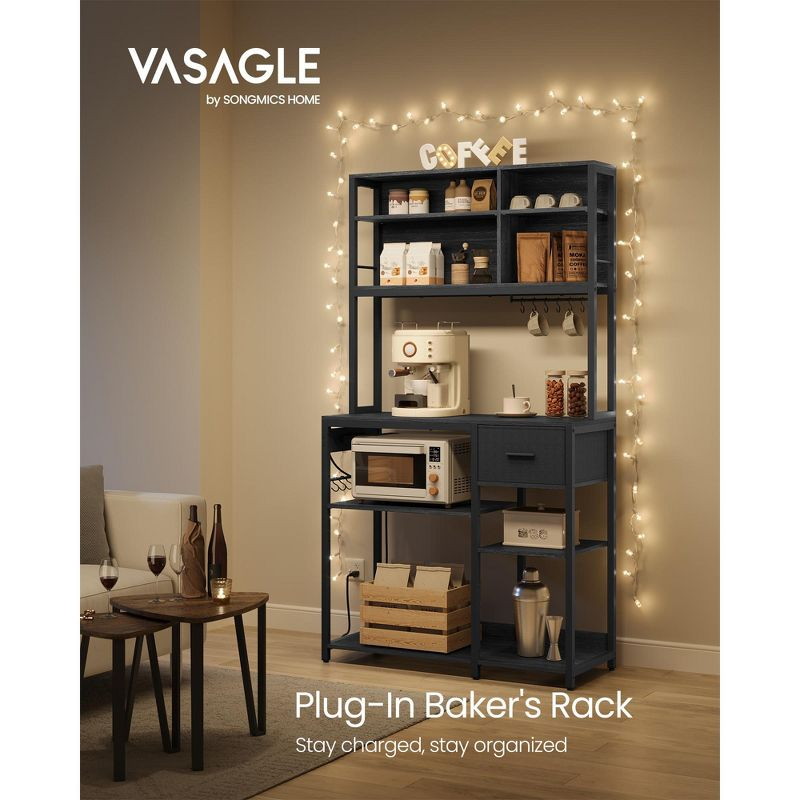 VASAGLE Bakers Rack with Charging Station, Coffee Bar with Adjustable Storage Shelves, 15.7 x 39.4 x 71 Inches, Kitchen Microwave Stand, Charcoal Gray