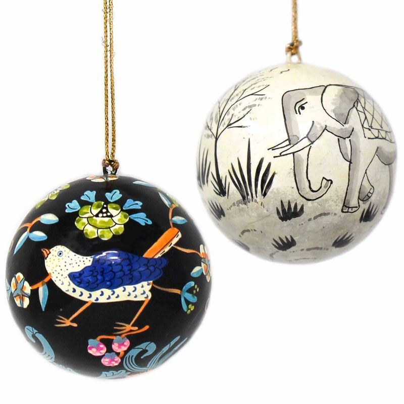 Slickblue Handcrafted Set of 2 Papier-Mâché Ornaments – Bird & Elephant Designs, 3" with Tassel Loops